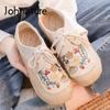 Cotton Linen Flats Women Shoes Lace-up Spring Round Toe Embroider Concise Comfortable Handmade Ladies Shoes