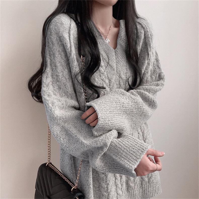 Herbst/Winter V-Ausschnitt Pullover Damen Mittellang Einfarbig Strickpullover