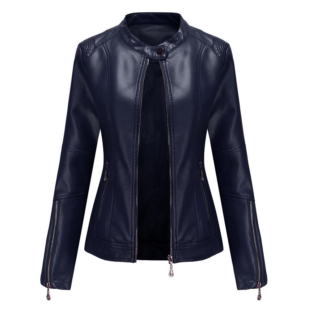 Women's Navy Blue Stand Collar PU Leather Jacket - Lightweight Spring/Autumn Fashion Coat