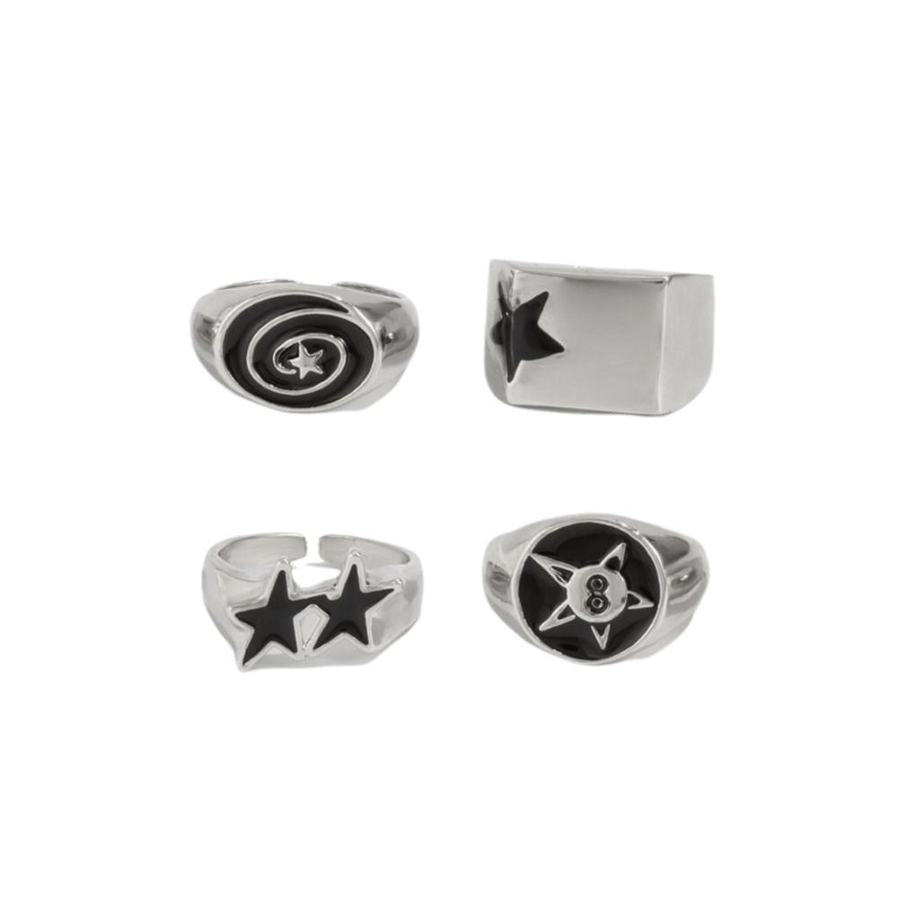 4 Stück Schwarze Fünfzackige Stern Geometrische Offene Ringe Kräftiges Design Hiphop Sternringe Grunge Schmuck