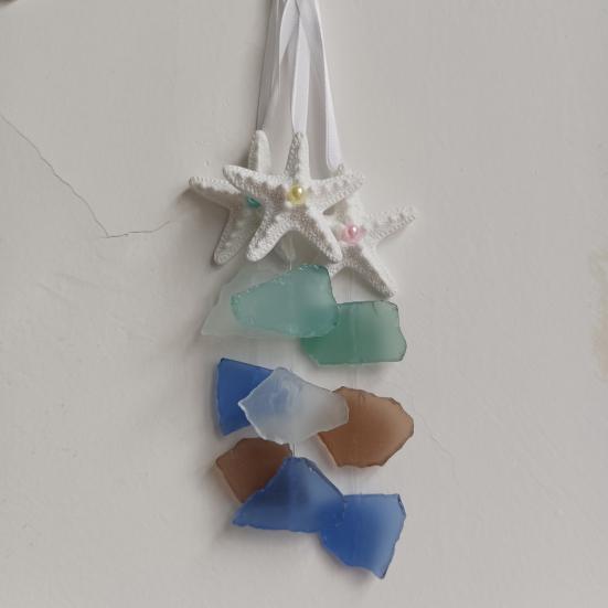 3Pcs Seaglass Hanging Decoration Handmade Bohemian Coastal Nautical Starfish Sea Glass Art Home Office Beach House Wall Ornament Pendant