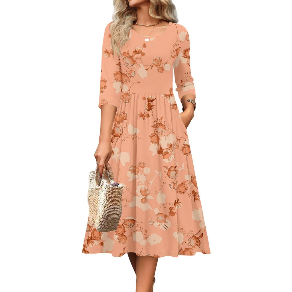 3/4-Ärmel Damenkleid Lässig Fließend A-Linie Midi T-Shirt Kleider mit Taschen Rundhalsausschnitt Urlaub Boho Strand Sommerkleid