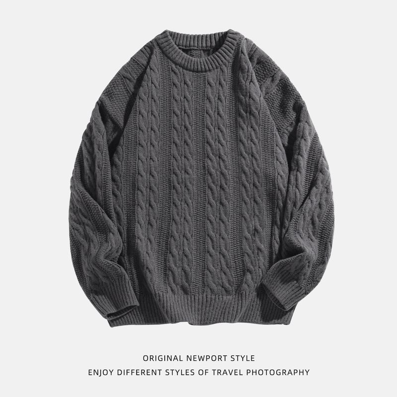 Lazy Style Cable Knit White Crew Neck Sweater for Men 2025 Autumn and Winter Vintage Loose Casual Knitwear Jacket