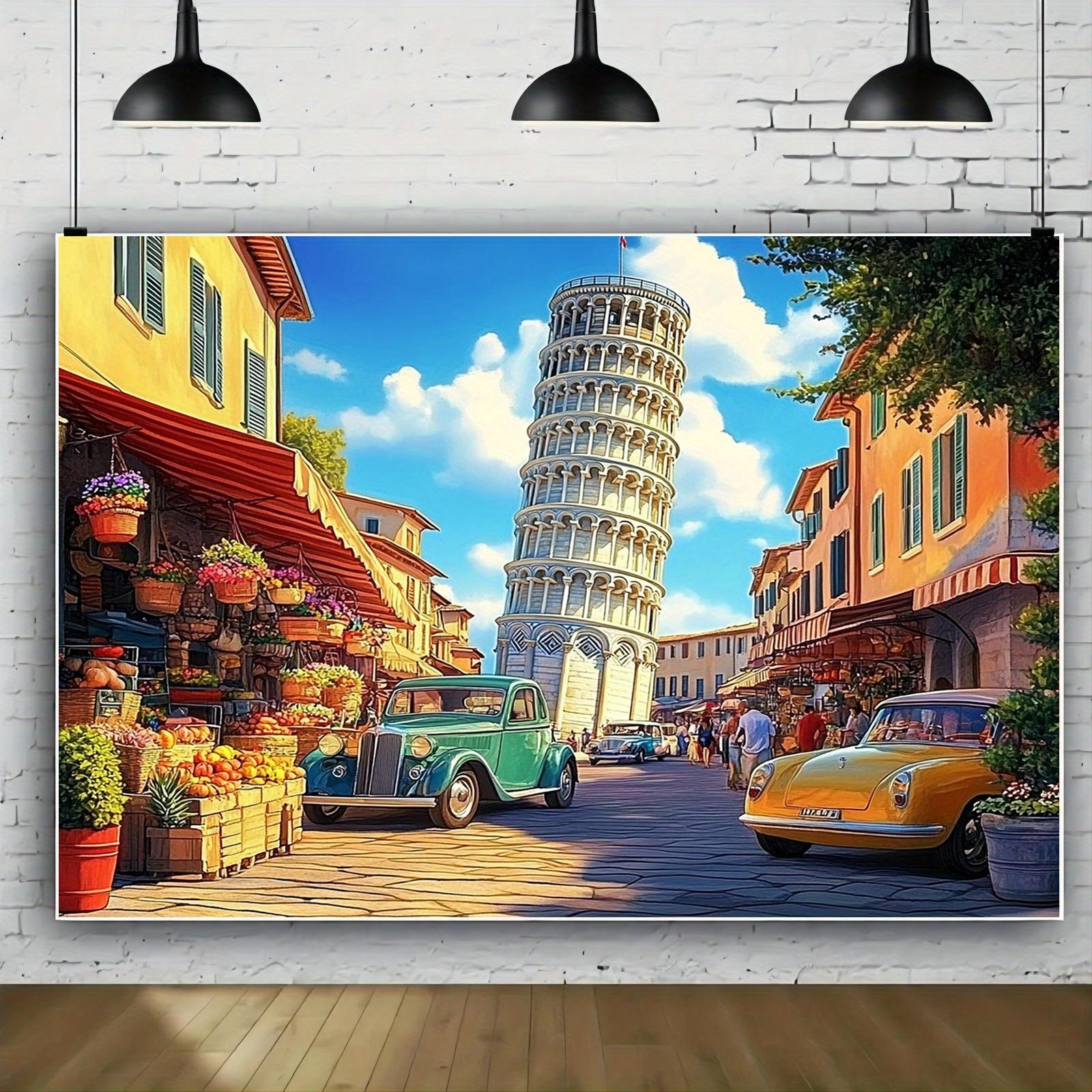 1 polyester banner with Italian themed party background, Leaning Tower of Pisa design for a vibrant Italian street scene 100x150cm