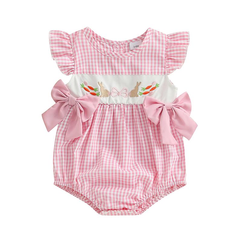 Citgeett Summer Easter Infant Baby Girl Casual Bodysuit Flying Sleeve Bunny Carrot Embroidery Plaid Jumpsuit Clothes