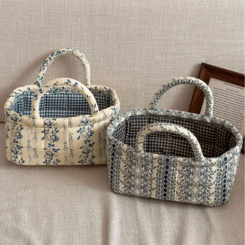Floral Vintage Organizer Basket With Handle Portable Home Storage Basket For Living Room Kitchen Countertop