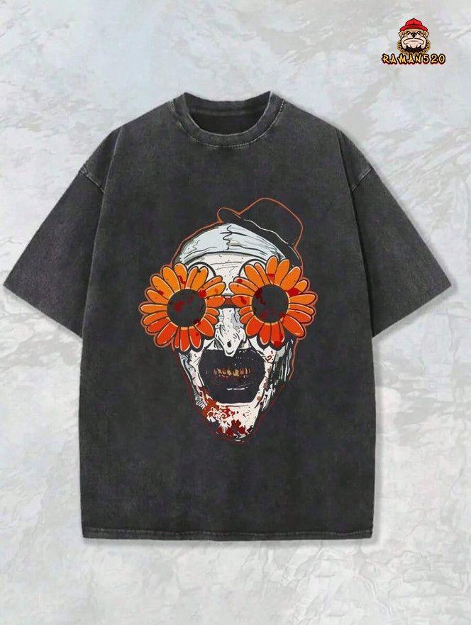 Skull and Sunflower Graphic Halloween Oversized Unisex Streetwear Tee