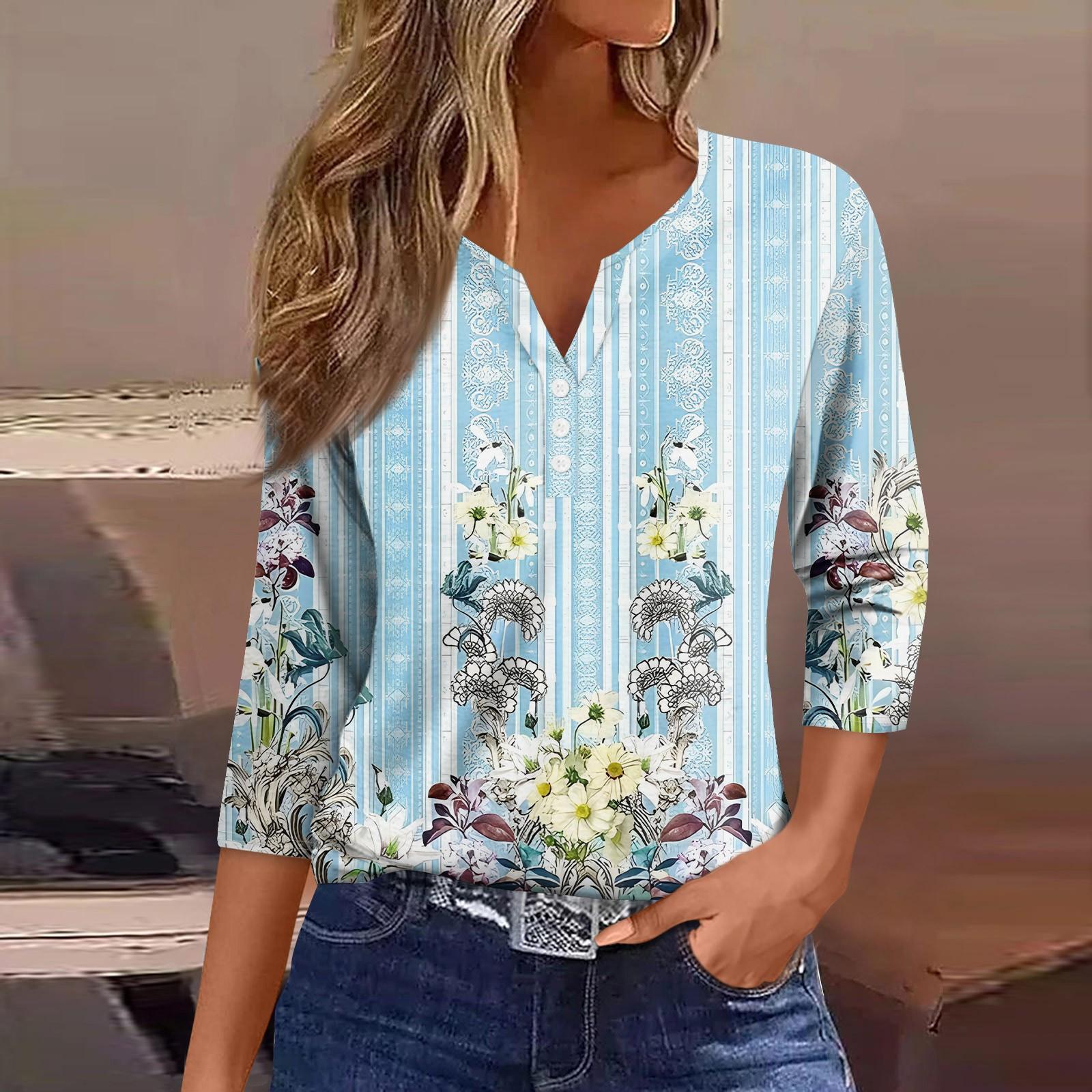Women s Fashion Casual T-Shirt V-Neck Seven Sleeve Vintage Floral Print Button Top XXXL