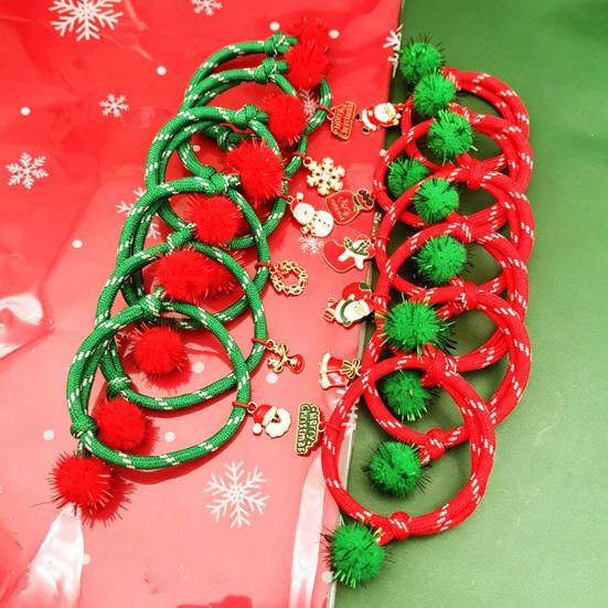 Charming Christmas Stocking Stuffer Bracelets, Red Green String Bracelet, Adjustable Rope Bracelet with Holiday Party Jewelry Charm And Tinsel
