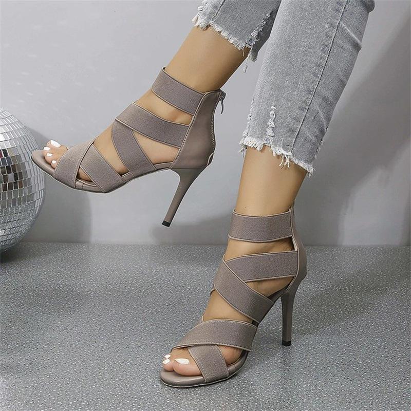 Europe and America 22 Summer Large Size High-heeled Sandals Stiletto Cross Elastic Band Rear Zipper Sexy Sandals