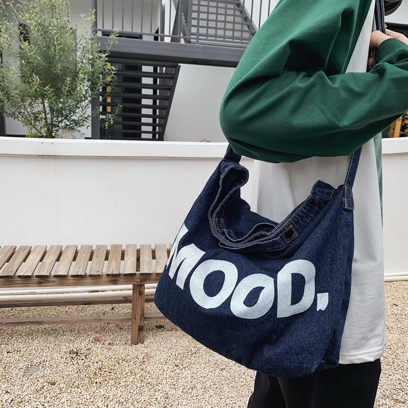 Letter Print Denim Crossbody Bag Large Capacity Student Shoulder Bag Men's Women's Handbags