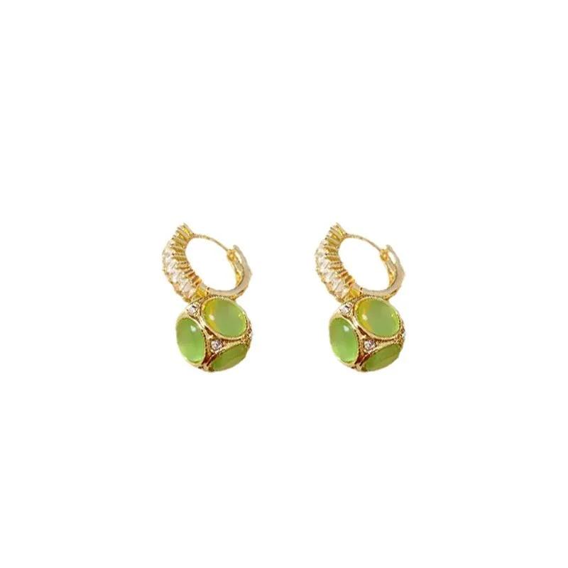 New Temperament Women's Earrings Light Luxury Drop Round Green Pink Niche Design High Sense Retro Party