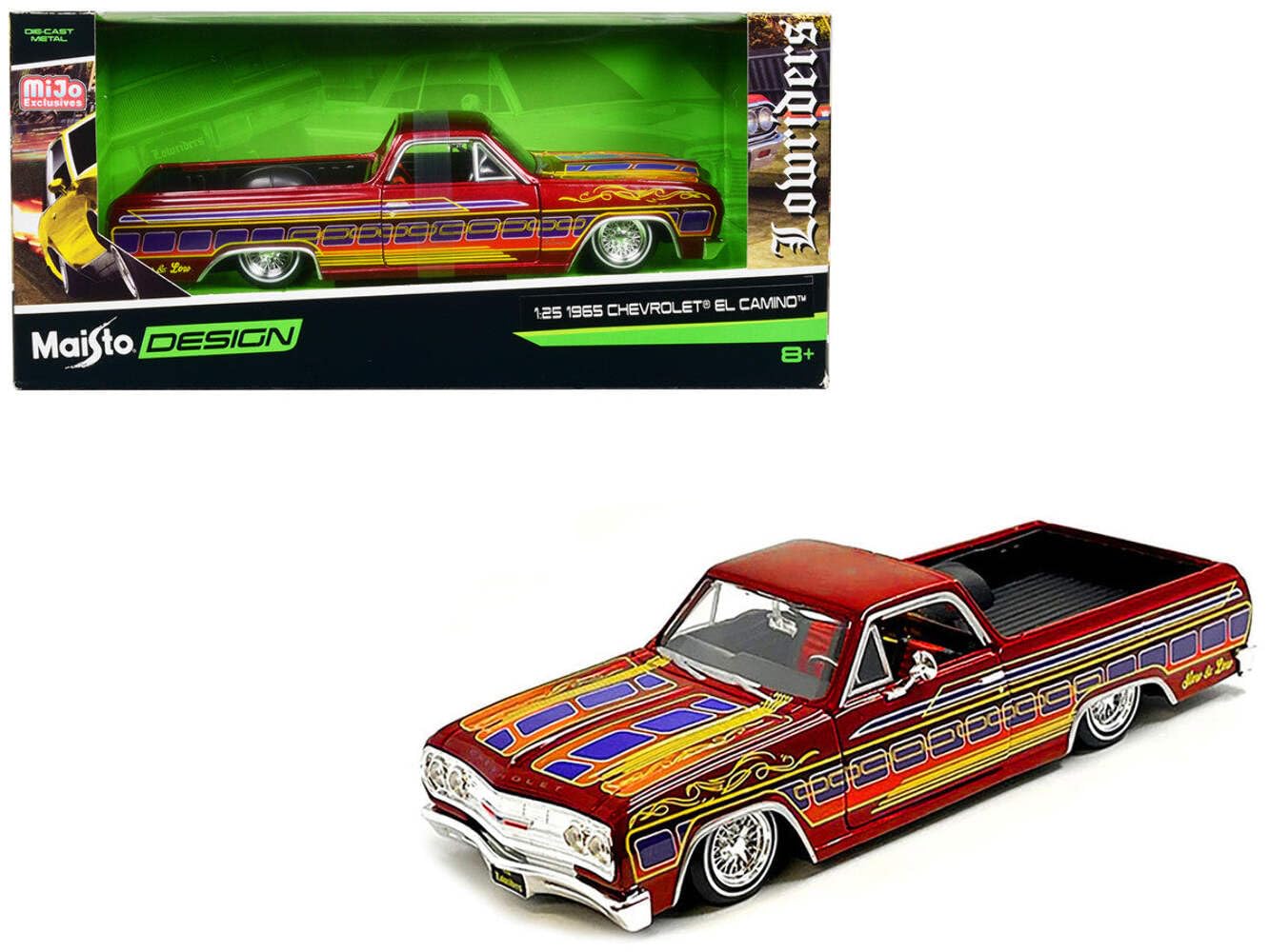 Maisto 1965 Chevrolet El Camino Lowrider Candy Red Metallic with Graphics Lowrider Series Diecast Model Car 1/25