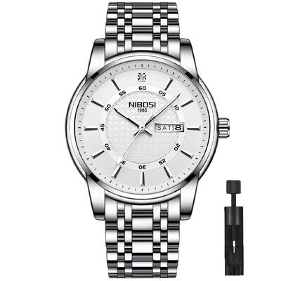 NIBOSI Classic Silver Stainless Steel Waterproof Analog Watch with Metal Stylish Casual Watch with Date and Day Fluorescent Perfect for Business or
