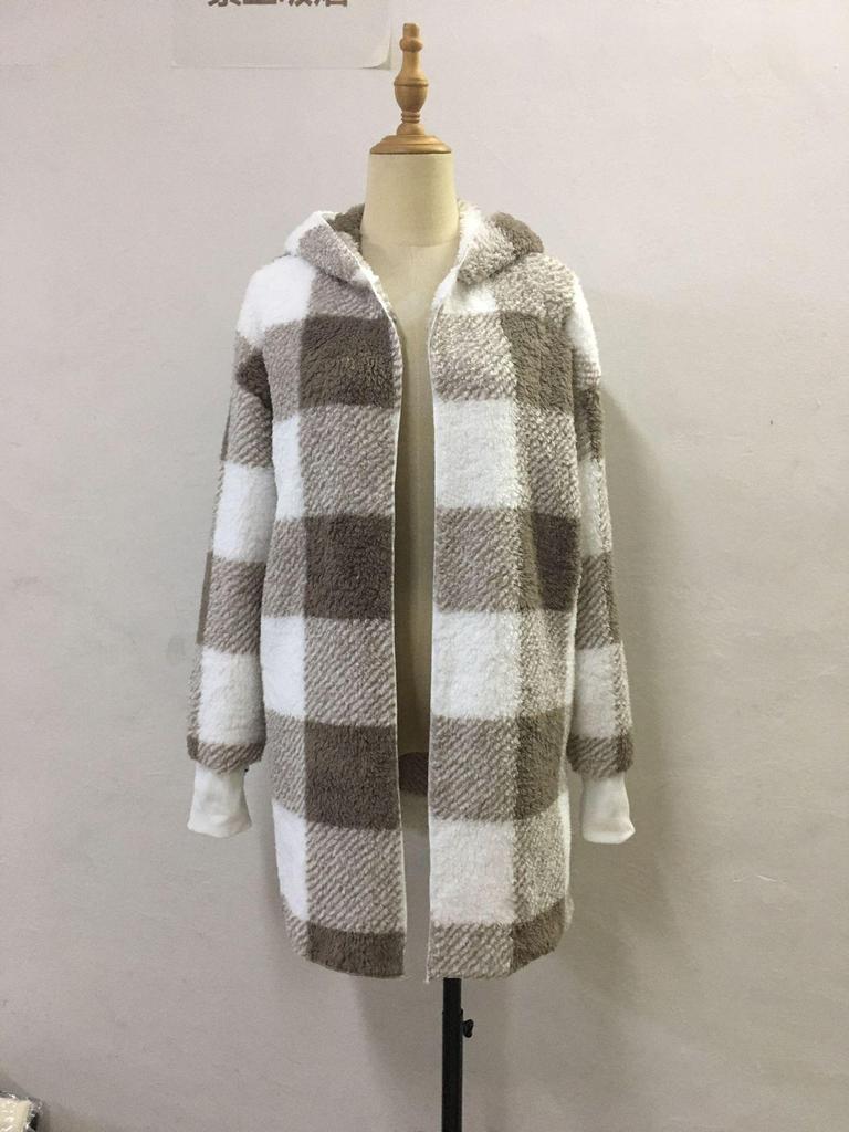Women's Autumn/Winter Hooded Plaid Plush Cardigan Jacket