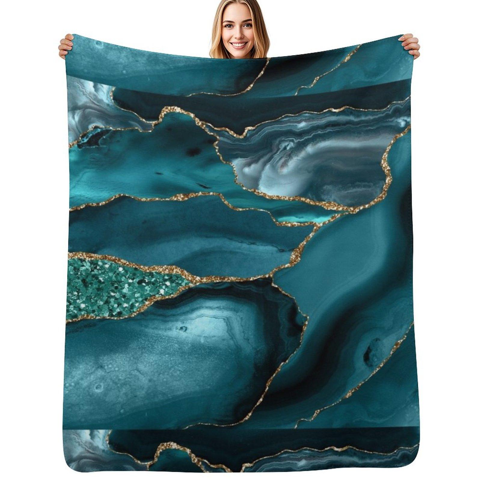 Abstract Teal Blue and Gold Glitter Modern Geode Agate Design Throw Blanket Soft Bedroom Blanket for Night Sleeping Size: 75*100cm, Weight: 230 GSM