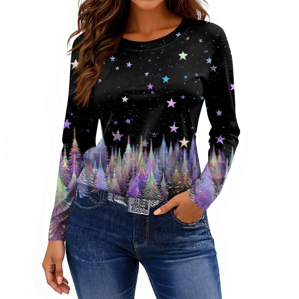 Women's Fashion Casual Slit Hem Round Neck Long Sleeve Loose Printed T-Shirt Ladies Top