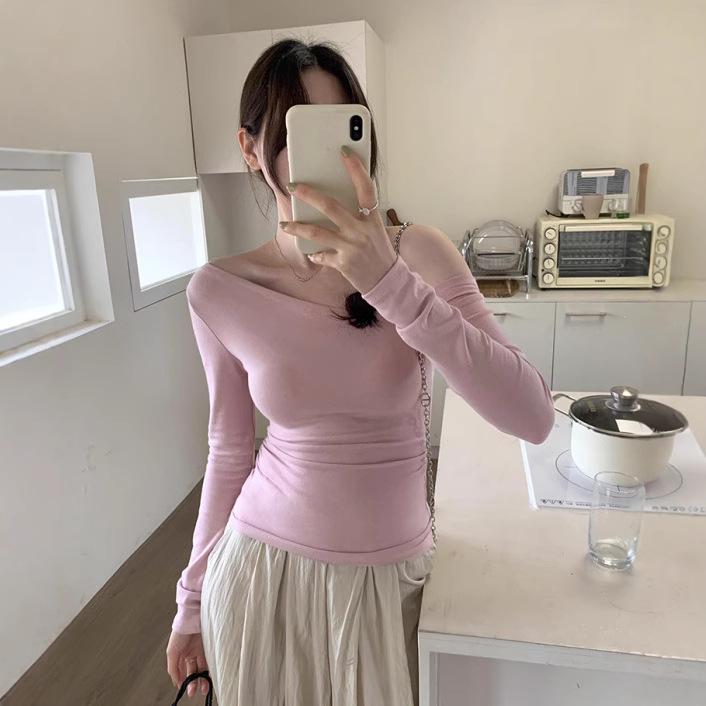 Black Long-Sleeve Off-Shoulder Top – Sexy Autumn Clavicle Design