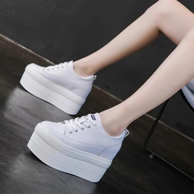 Fashion Hot Sale 12cm Genuine Leather Women Vulcanized Shoes Leather Platform Wedge High Heels White Shoes Lace Up Increase Casual Shoes
