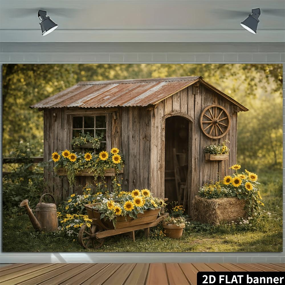 1Pcs Sunflower Garden Cabin Vintage Cart Decoration Background Rustic Backdrop Decorations For Photo Studio Photo Booth Party