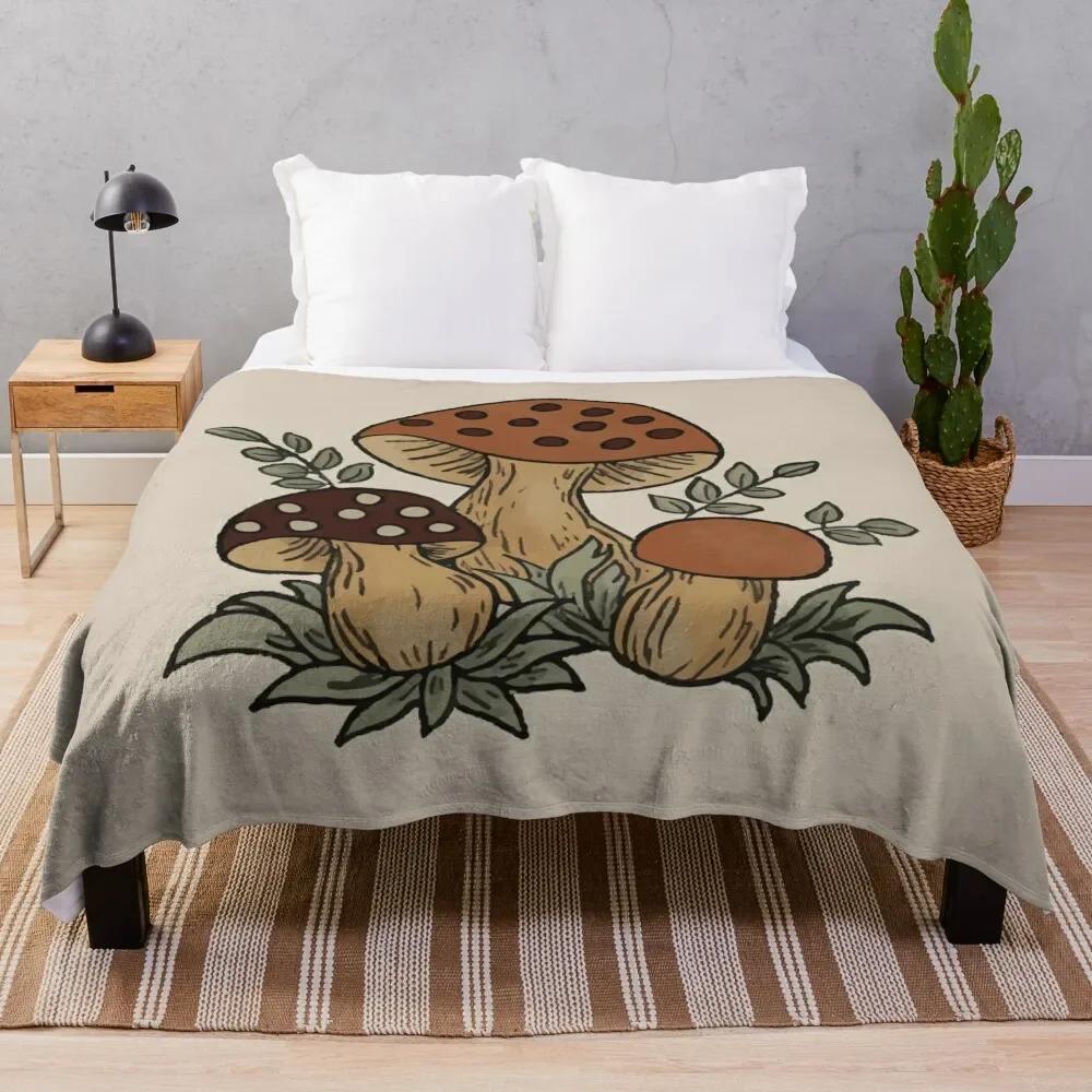 Mushroom Flannel Throw Blanket King Queen Size Brown Mushroom Pattern for Bed Sofa Couch Decor Smooth Lightweight Super Soft