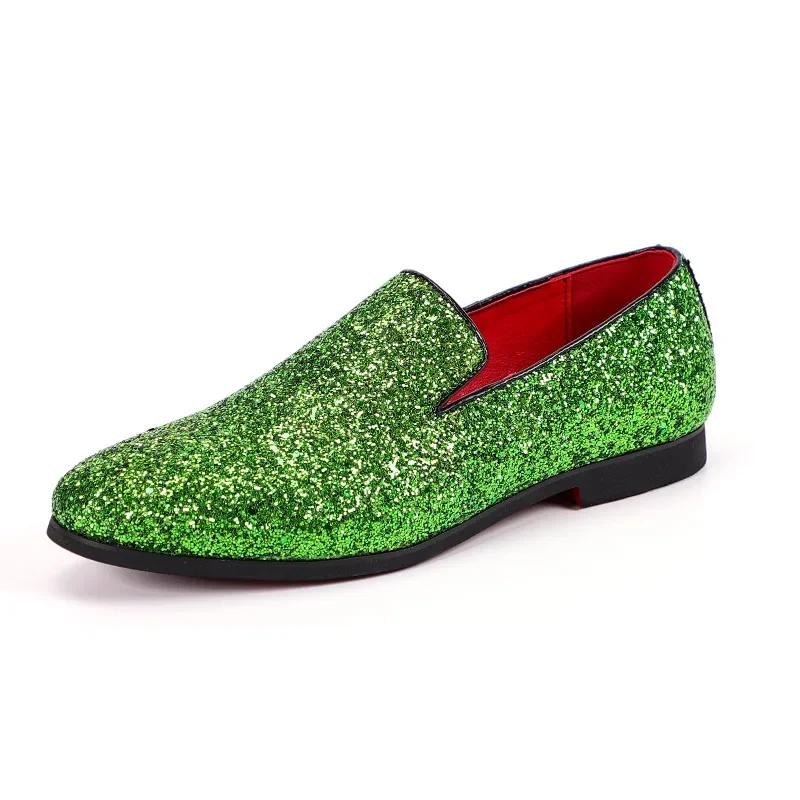 Men Loafer Dress Shoes Diamond Pointed Toe Shoes Gold Luxury Brand Men Paillette Fashion Mens Leather Shoes Zapatos Hombre