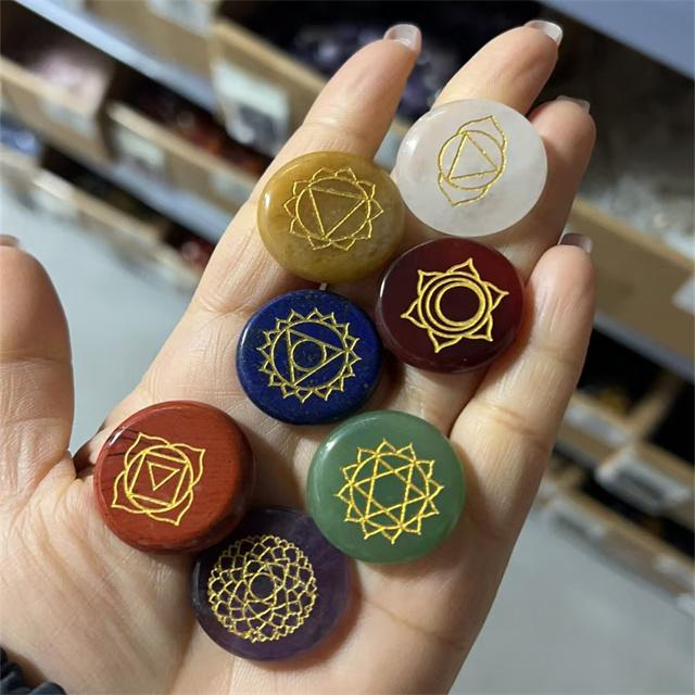 Spiritual Semi-Precious Stone Crafts Round Shaped Natur Multi Color Mixed Quartz 7 Chakra Crystal Runes Sets for Reiki