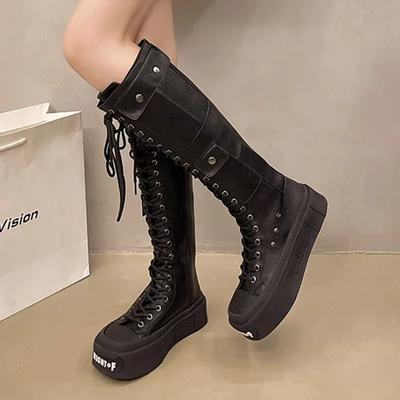 Mode Femmes Plates-formes Plates Bottes Moto Montantes Cuir Chaussures Hiver 2025 Marque de Luxe Nouveau Mode Chelsea à Lacets Botas Mujer