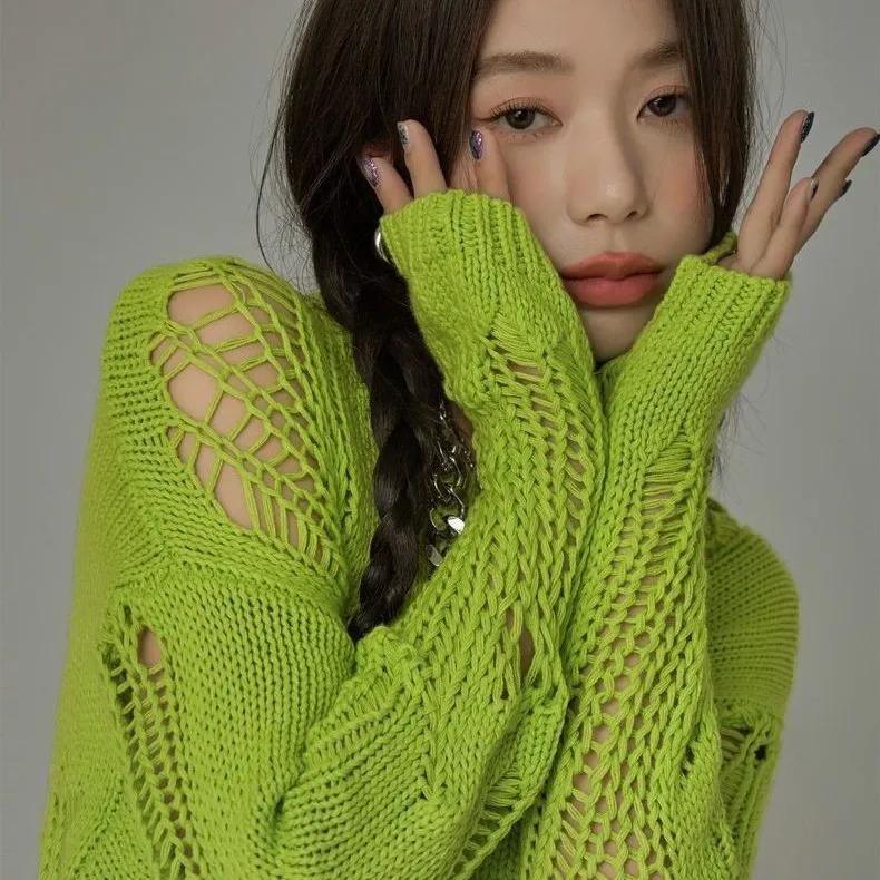 WTEMPO Spring Summer Long-sleeve Hollow-out Breathable Sweaters Solid Color Loose Thin Knitted Pullovers Jumpers Tops