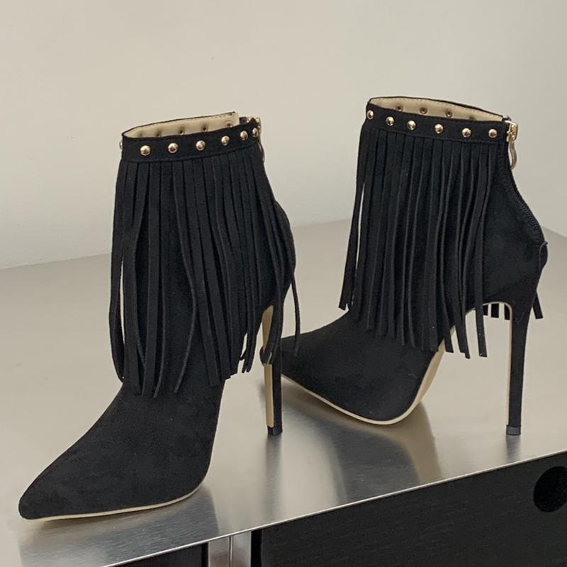 Eilyken Spring Fashion Black Pointed Tassel Boots Women Sexy High Heels Stripper Zipper Pumps Banquet Shoes Size 35-42 35 чёрный 6200₽