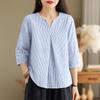 ZANZEA Women Casual V-Neck 3/4 Sleeve Loose Stripe Blouse