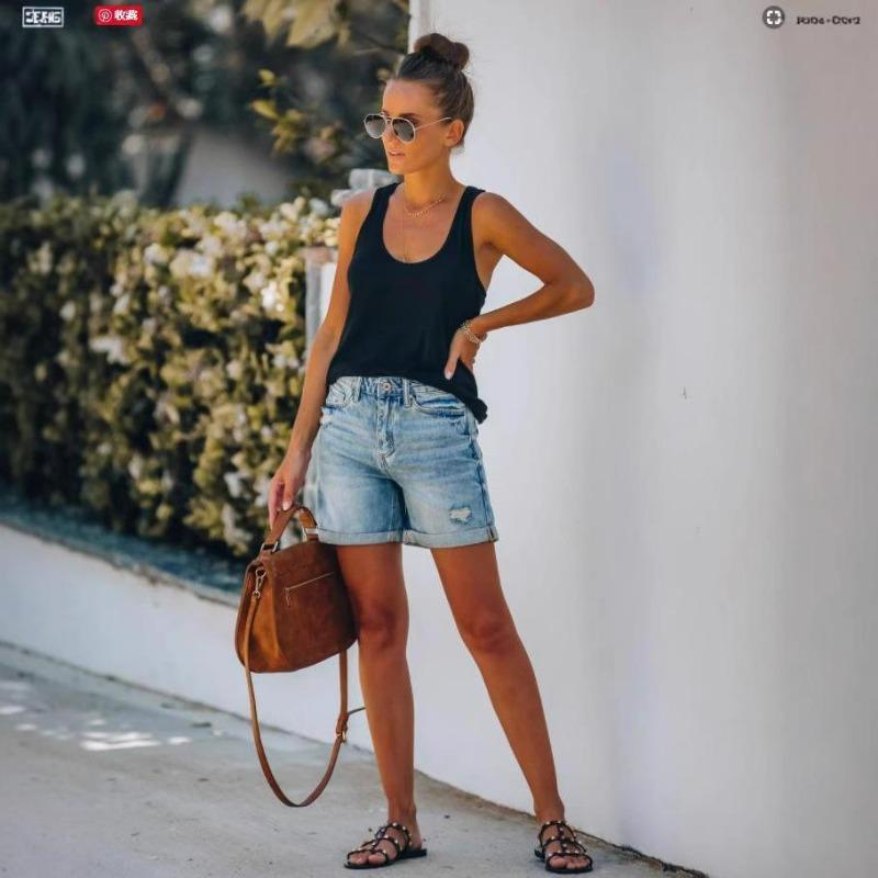 Women's Distressed Denim Shorts Mid Rise Raw Hem Casual Summer Jean Shorts