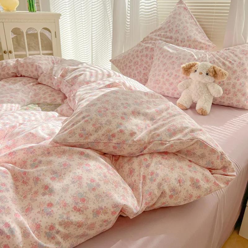 Class A aerobic knitted cotton printing small fresh four-piece set, bed sheet, bed hat four-piece set