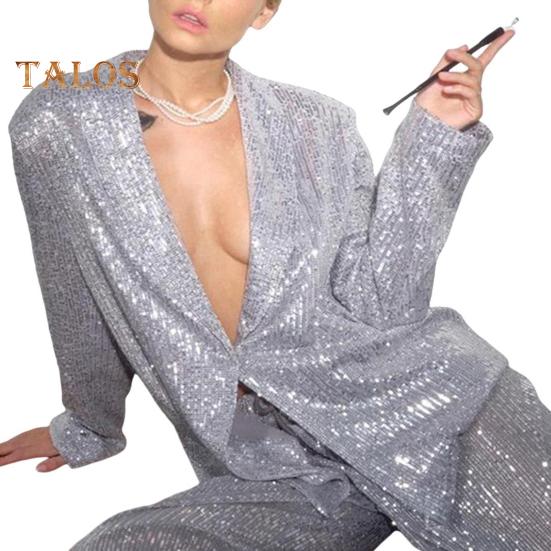 Cămașă cu paiete, pantaloni, cu rever, cu decolteu în V, cu mânecă lungă, haină de lungime mijlocie, cu picior lat, pantaloni supradimensionați pentru petreceri, ținută de celebrități de club