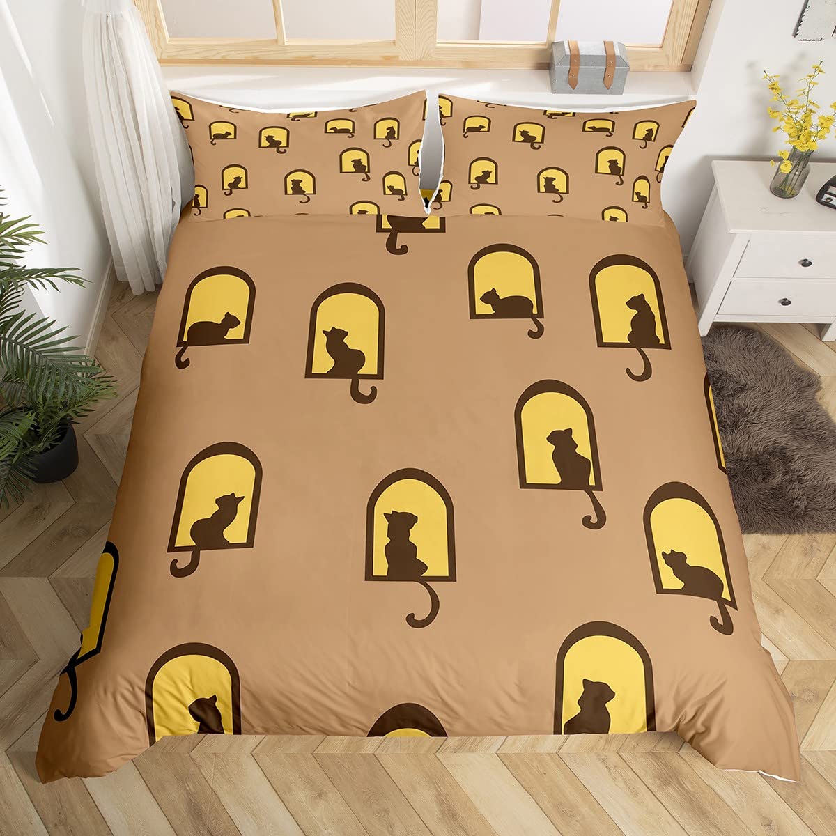

Котячий силует Король Королева Підковдра Постільна білизна з абстрактними тваринами Коричневе геометричне мистецтво Підковдра Поліестерова ковдра EU Single(135*200cm)3pcs