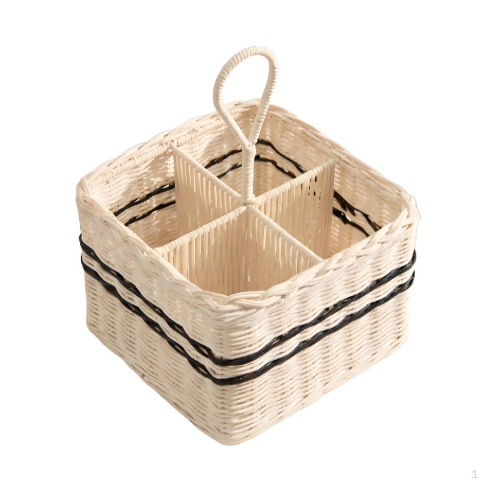 Woven Utensil Holder Divided Compartments Imitation Rattan Cutlery Organizer Handmade Silverware