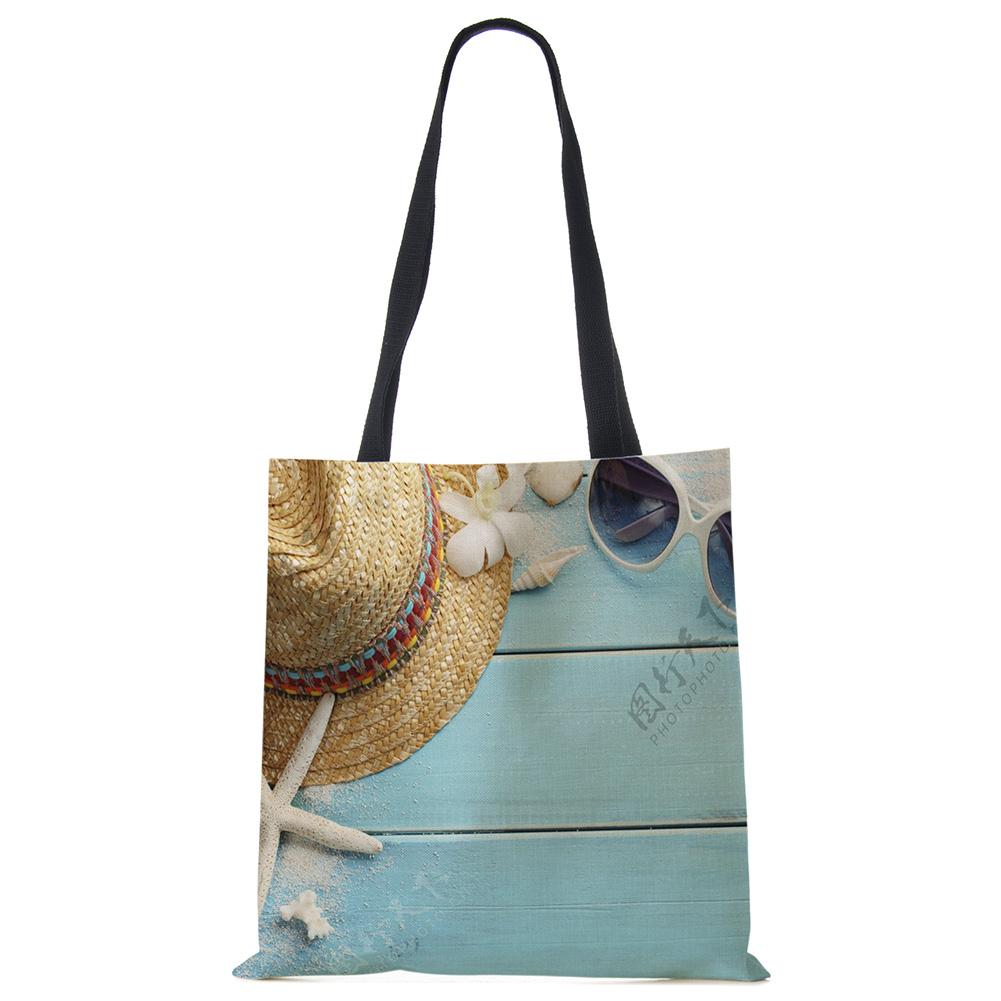 Ladies Shoulder Bag Blue Ocean Starfish Beach Sand Prints Tote Bag Linen Fabric Beautiful Casual Practical Handbag Casually
