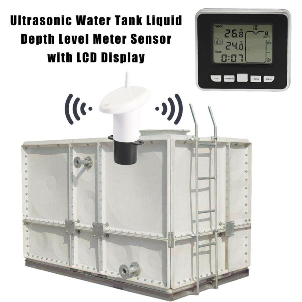 Wireless Ultrasonic Water Tank Liquid Depth Level Meter Flow Sensor Monitor with LCD Temperature Display Measuring Tool 3.5 Inch