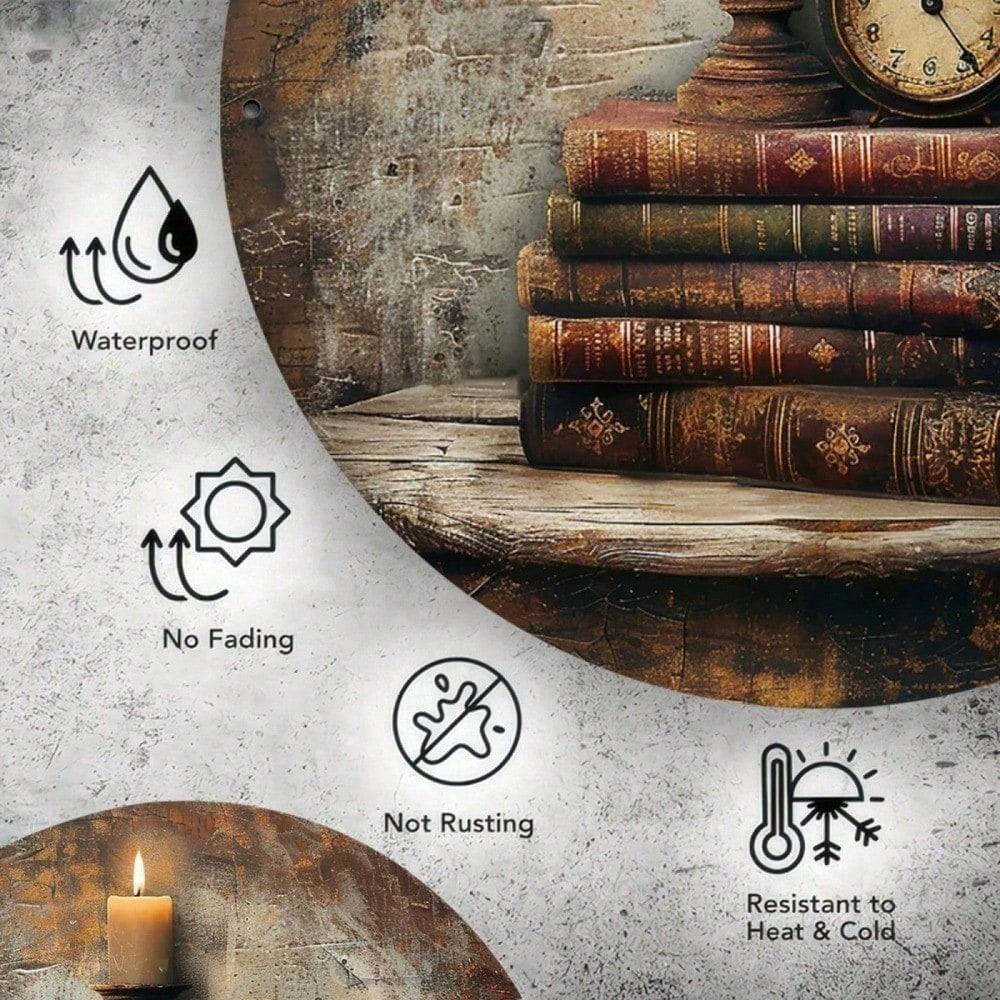 Retro Metal Wall Art Decor Vintage Book Candle Clock Tin Sign for Home