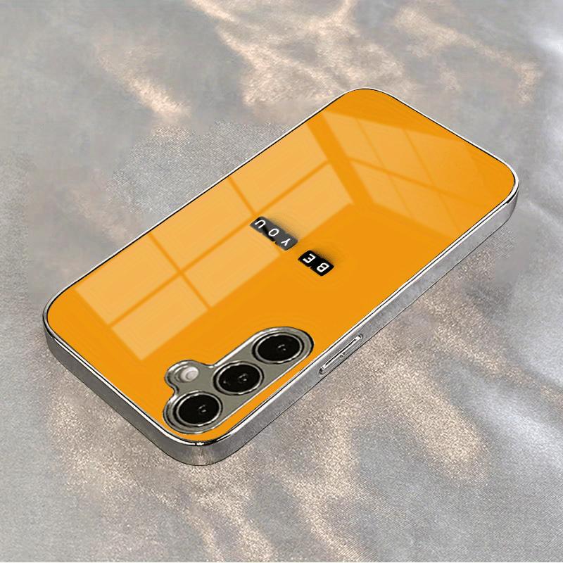 Orange background black square glass phone case suitable for Samsung Galaxy S26 S25 S24 S23 S22 S21 S20 FE/Ultra/Plus hard case
