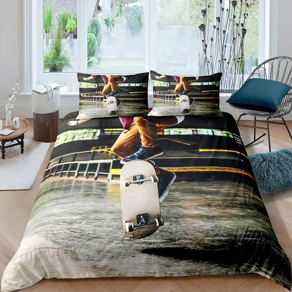 Skul Soft Duvet Cover Skateboard Human Skul featuring Skateboard Print for Children Kids Young Boys Tens Rom Decor Extreme Sport Theme Comfortable