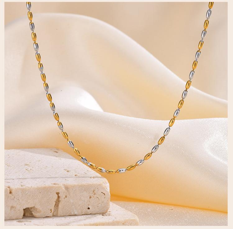 Women Olive Bead Chain Necklace, Stainless Steel Two Tone Beaded Chain Jewelry, Minimalist Party Necklaces Gift