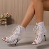 Fashion Mesh Cold Boots Women Summer Cutout Mesh Boots Jazz Dance High Heels Tied Hairband Fish Mouth Sandals Plus Size