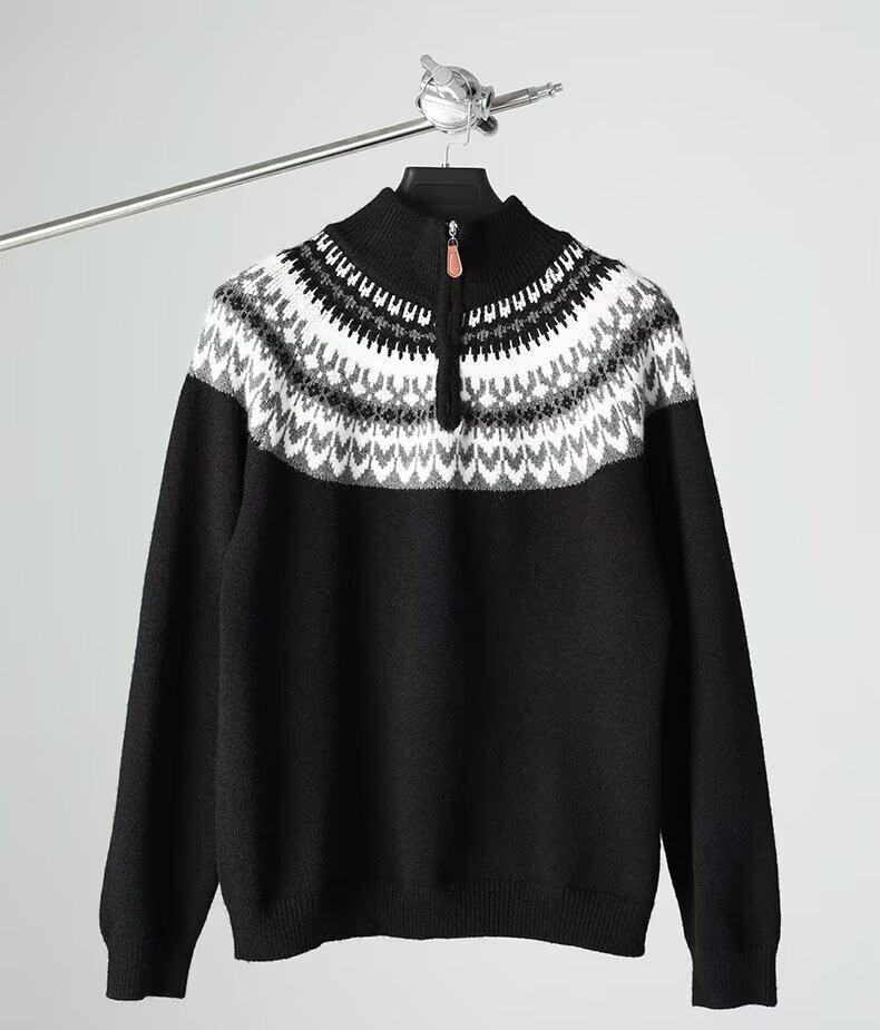 Men's Retro Jacquard Knitwear with Half-High Collar Zipper - Autumn/Winter Collection