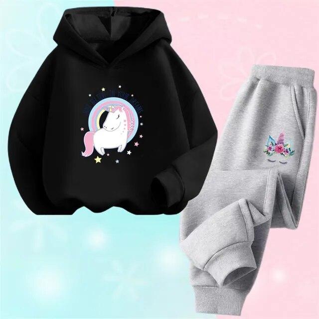 Spring Fall Girls Unicorn Sport Clothing Set Kids Outfits Hoody Sweatershirt Pants Children Fashion Thin Tracksuit