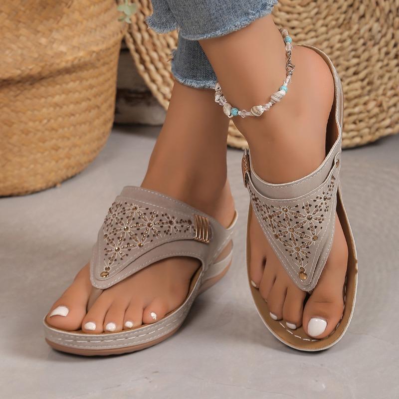 Women's Rhinestone Toe-Post Wedge Sandals, Stylish Open-Toe Flip Flops, Plus Size Summer Shoes