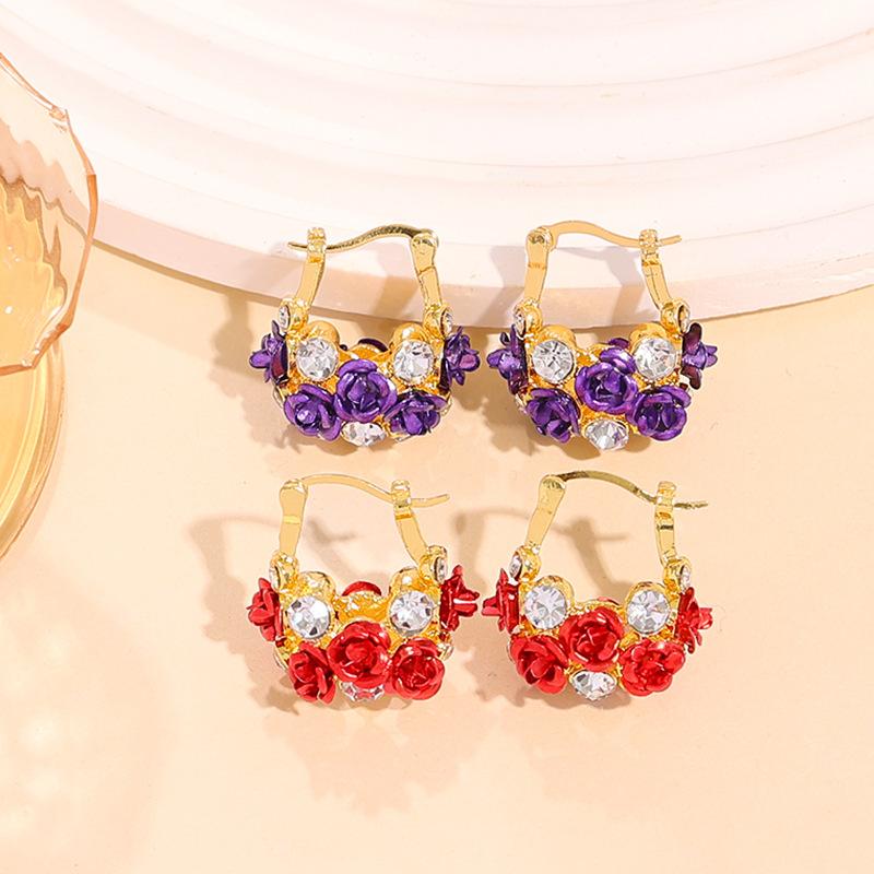 Rose diamond U-shaped ear buckle fashionable flower design light luxury niche high-end earrings