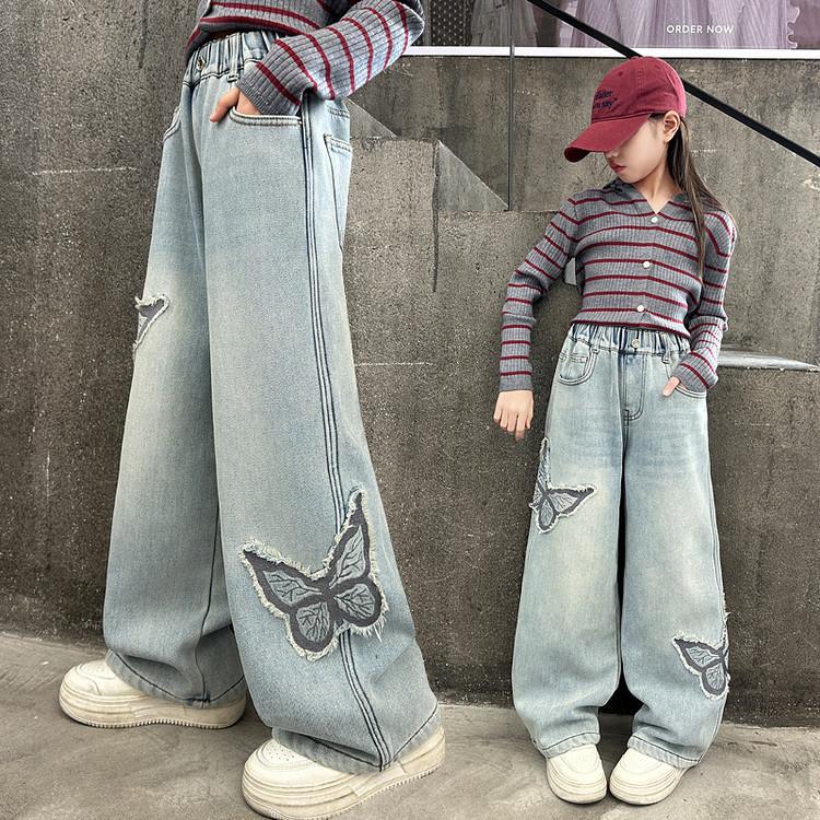 Girls' Jeans Butterfly Patch Denim Wide Leg Pants Children's Straight Leg Pants
