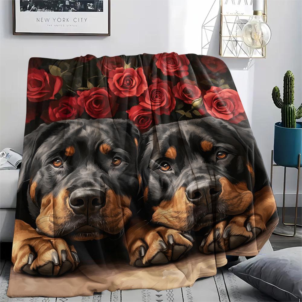 Rottweiler and Roses,pattern Flannel Blanket, High quality Comfortable for All Seasons, Home Decor, Warmth and Comfort, Perfect for Gifts.