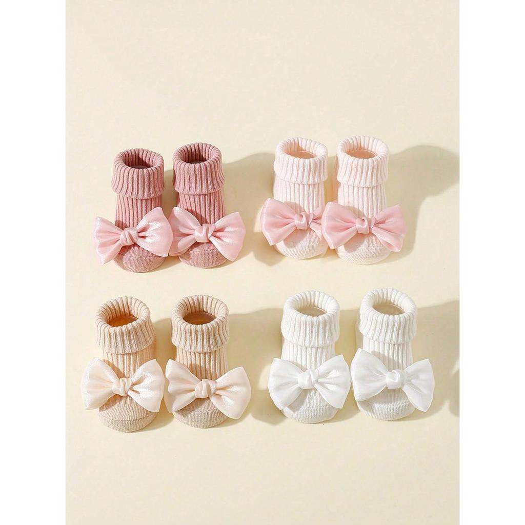 4 Pairs Toddler Socks with Bows, Soft Cotton Cute Ankle Socks for Infants Girls, Fashion Anty-Slip Newborn Baby Socks 0-24 Months